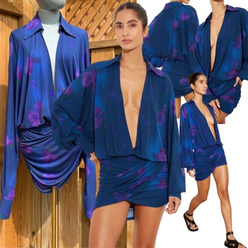 🆕 RAT & BOA 🧿 NWOT Volana Blue and Purple Floral Printed Cowl Neck Mini, Sz XS